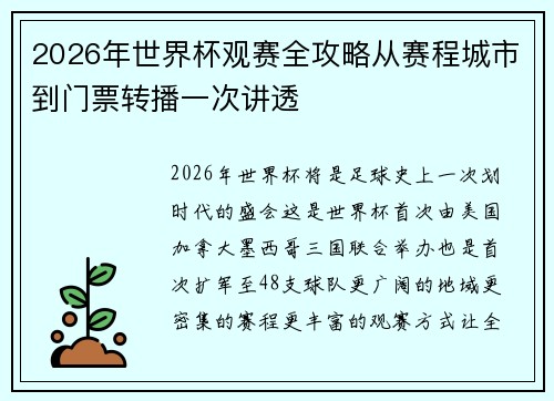 2026年世界杯观赛全攻略从赛程城市到门票转播一次讲透 2026年世界杯观赛全攻略从赛程城市到门票转播一次讲透